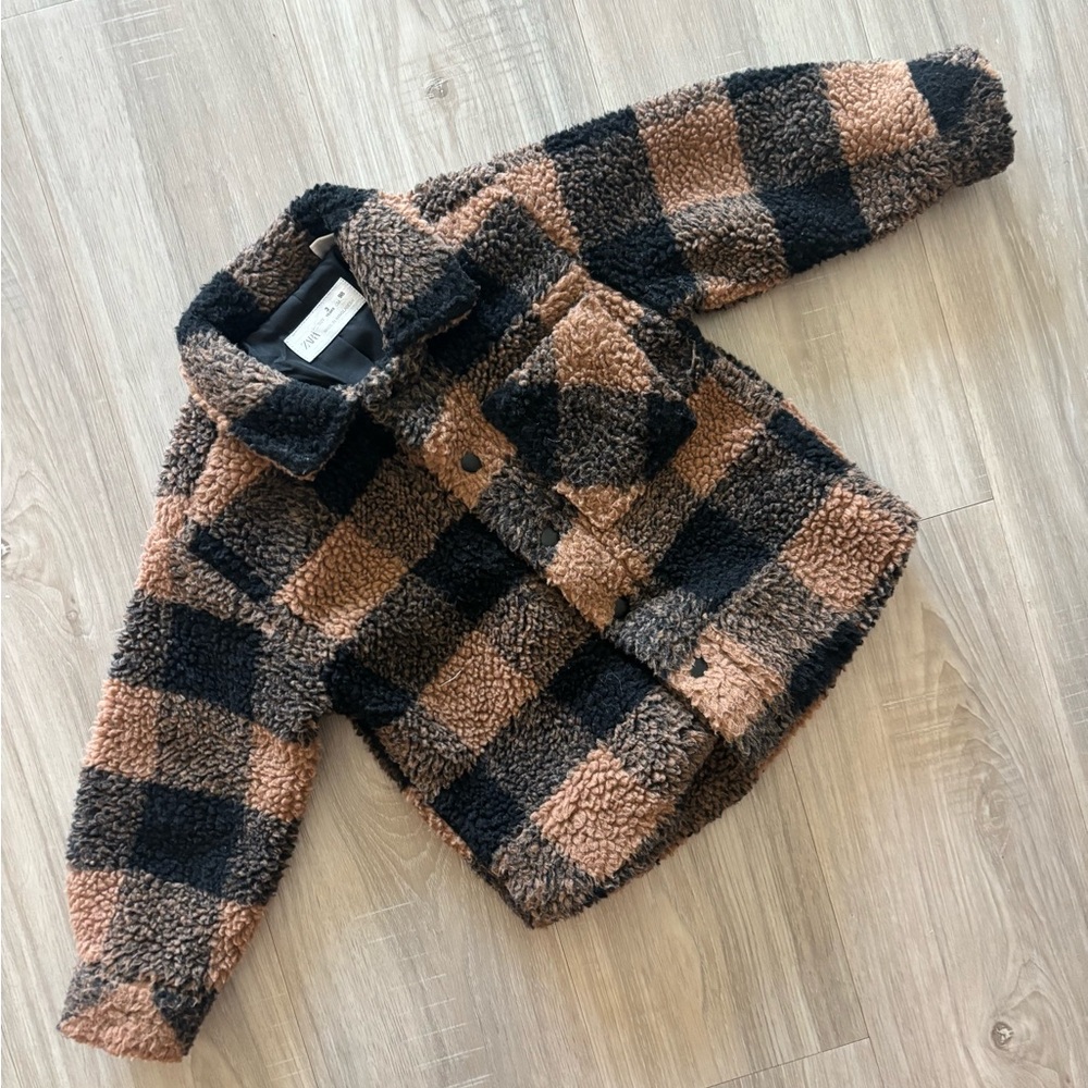 Zara Brown & Black Check Sherpa Jacket